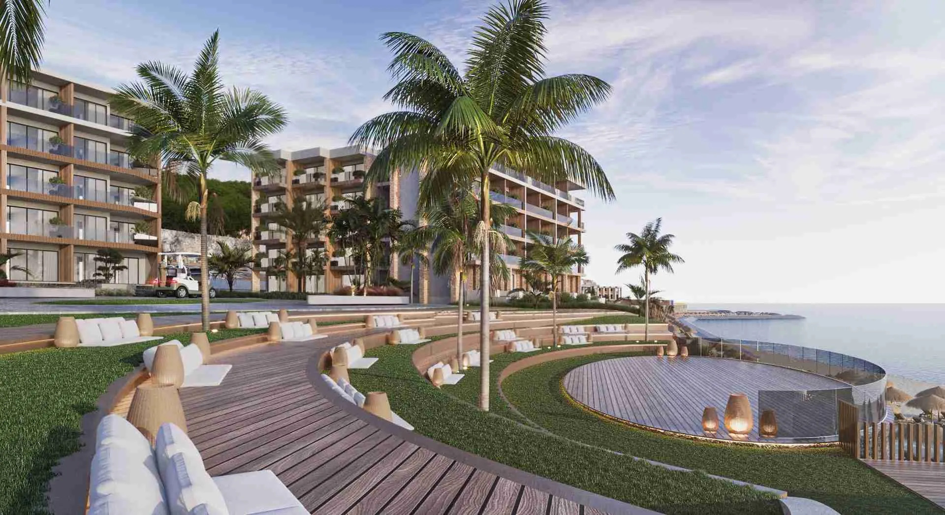 Amfitheater bij TUI BLUE Cura&ccedil;ao met uitzicht op zee en tropische palmbomen